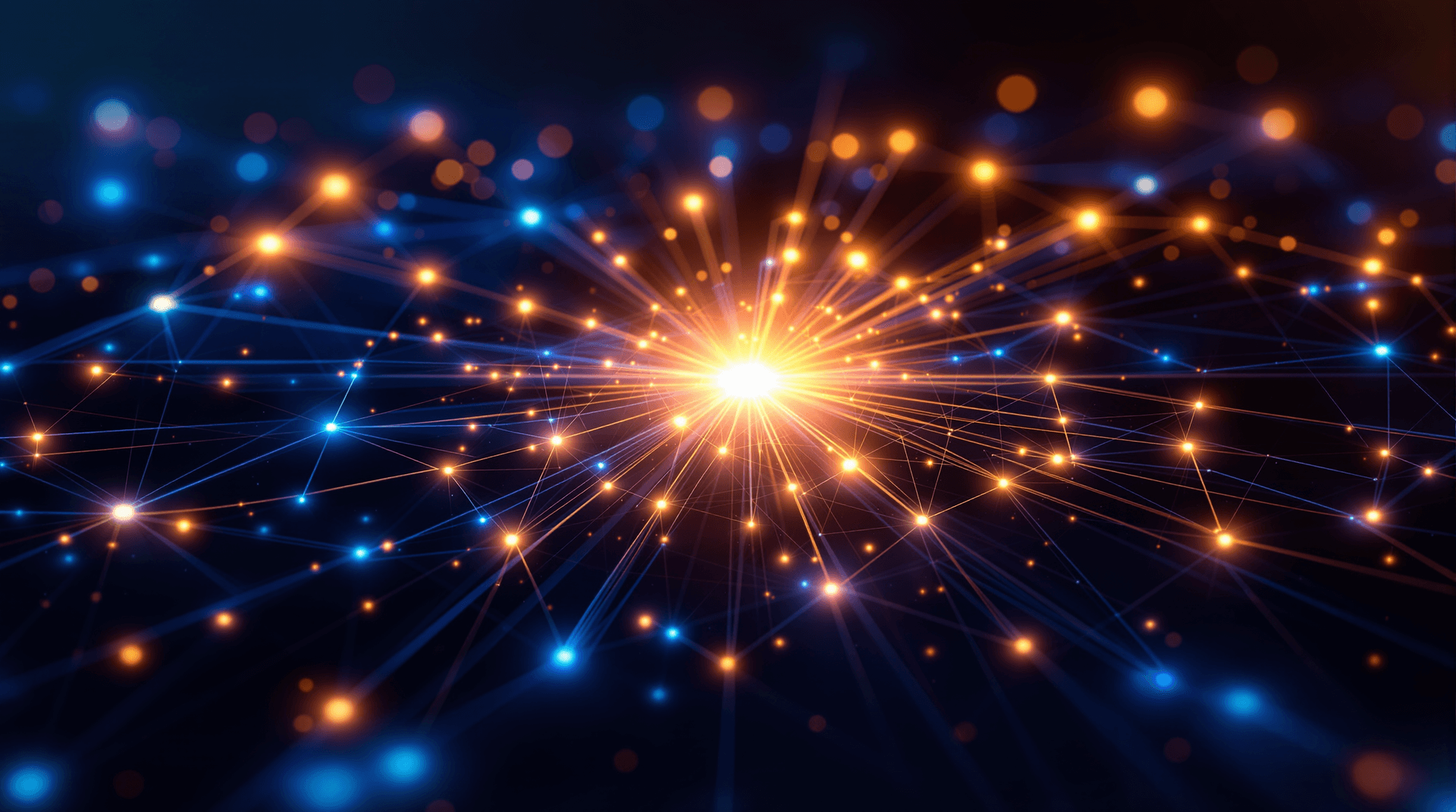 AI generated: A vibrant, abstract digital illustration of a glowing central node connected by luminous lines to mu...
