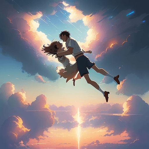 AI generated: make a picture of a couple falling in the sky. Background with clouds and lights. 
Studio Ghibli, an...