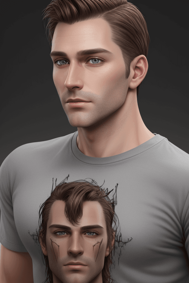 AI generated: 33 year old male, clean shaven, dark blond, detailed facial features, sharp eyes, t-shirt dress, ext...