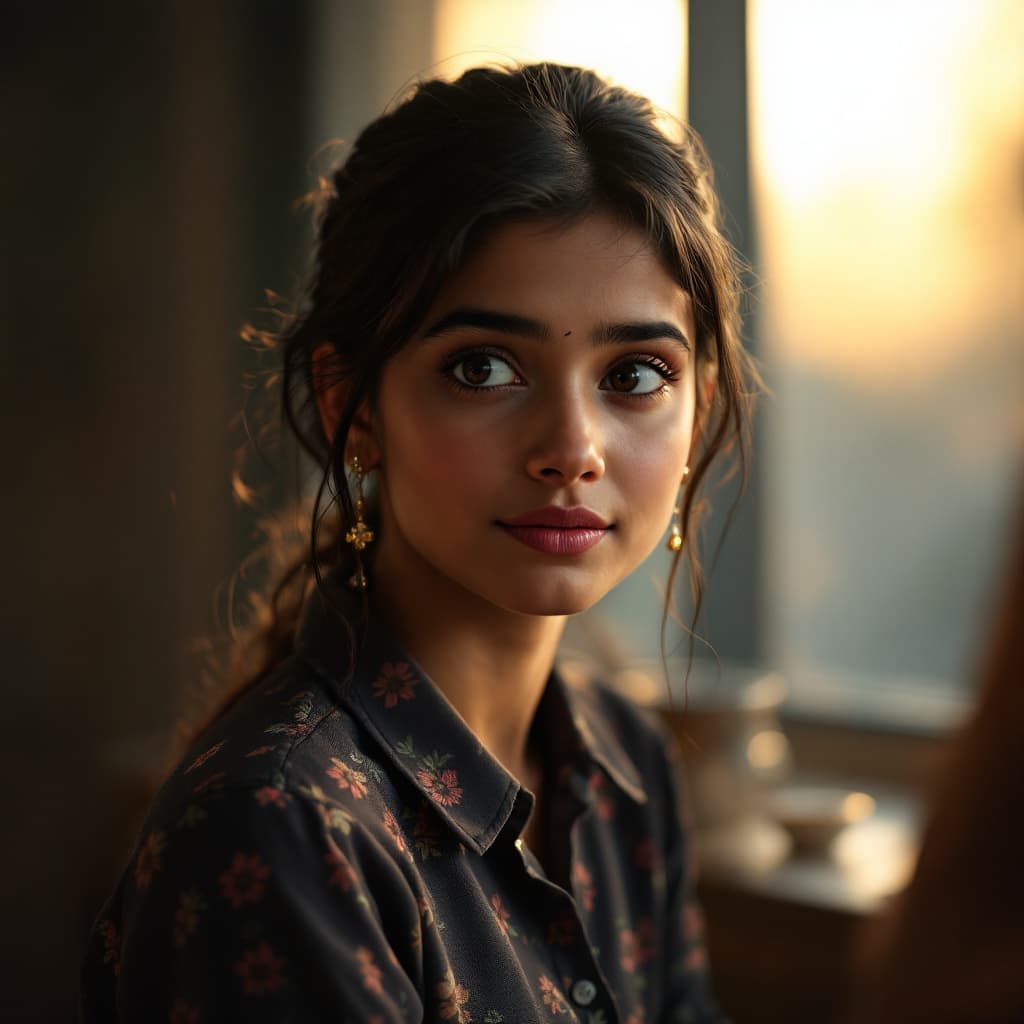 AI generated: Good looking young Indian girl wearing formal , looking forward, curious facial expression, indoor, ...