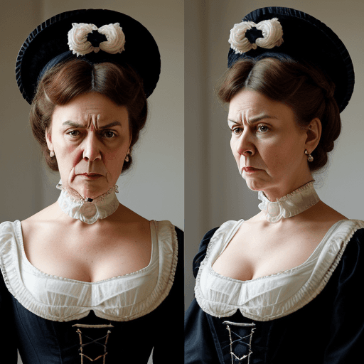 AI generated: a mature woman with a strict face expression dressed like a victorian duchess