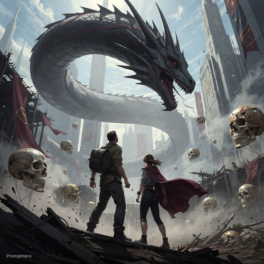 AI generated: two people are standing under a dragon watching other skulls, in the style of concept art, light sky...