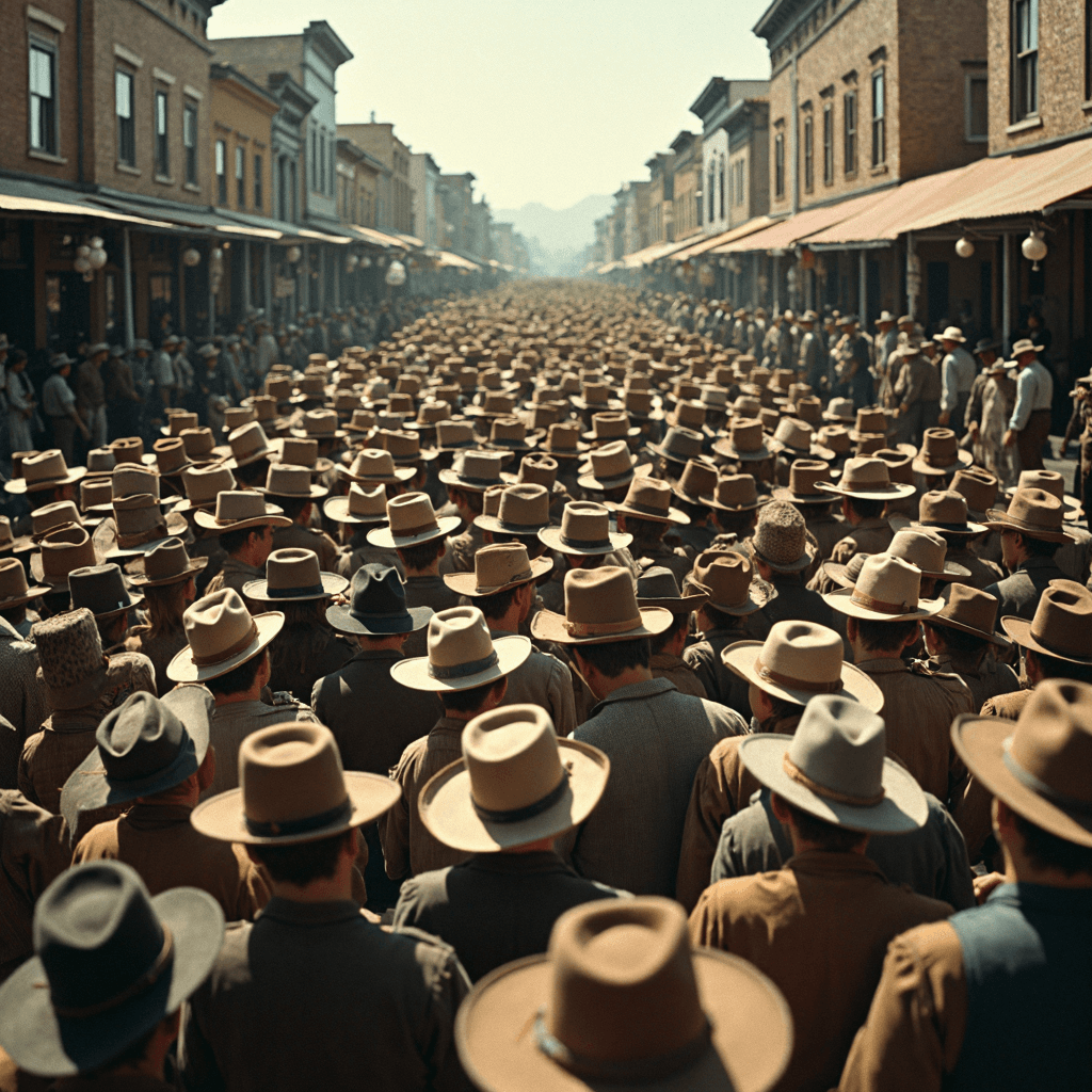 AI generated: On the crowded streets of the Wild West, cowboys are crammed together, filling every available space...