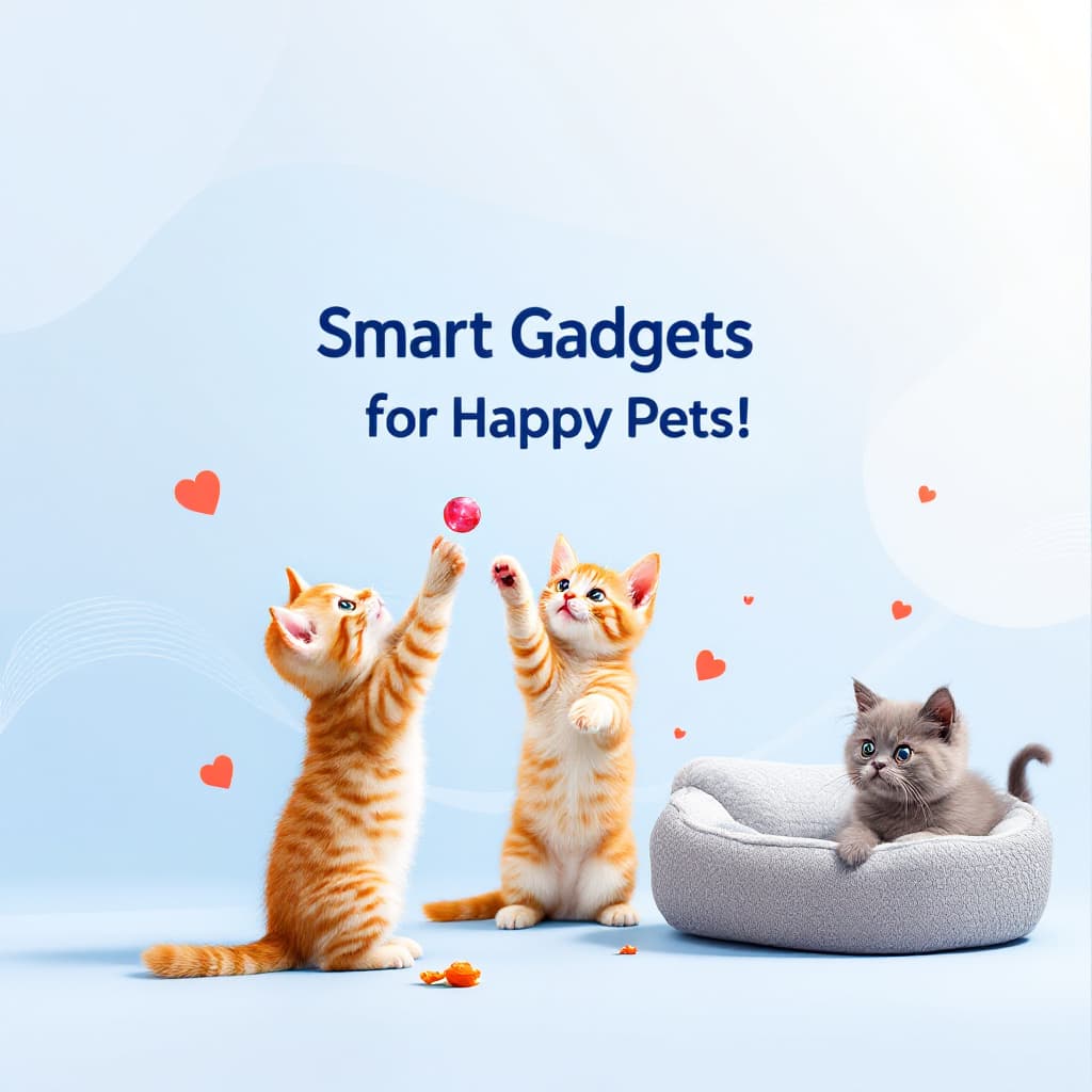 AI generated: "A modern, minimalist web banner for a pet gadget store. The background is soft pastel blue with sub...