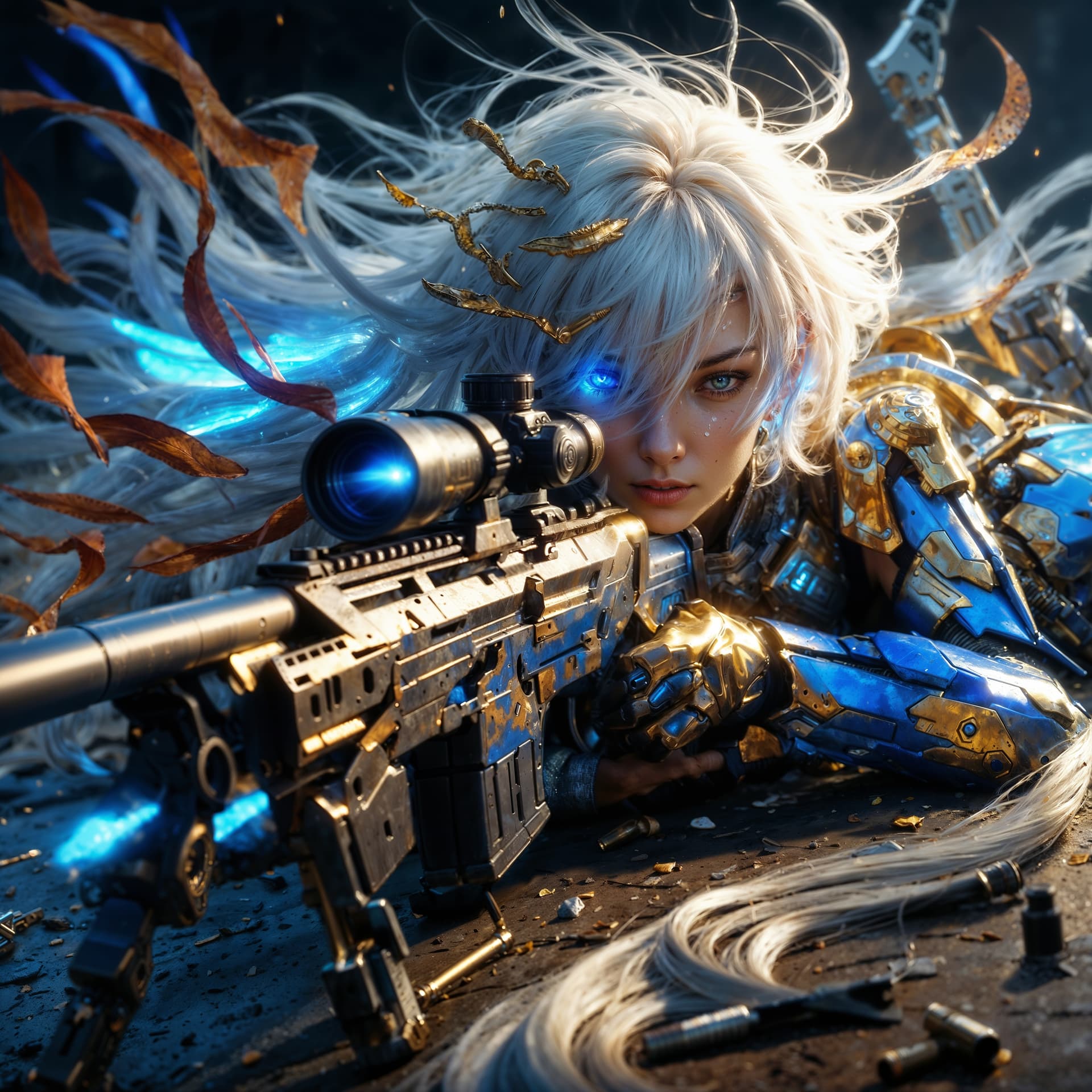 AI generated: photorealistic, detailed flying hair, urbanpunk, more colorful, lady, lying on the floor aiming with...