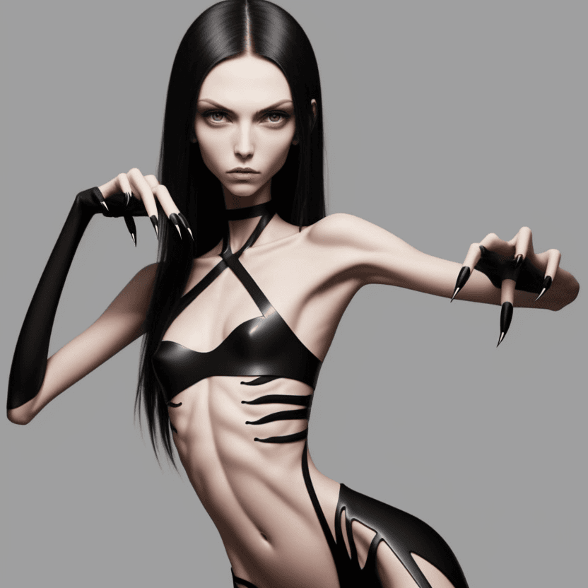AI generated: photo of face an extremely skinny, flat-chested models with long black curved fingernails, claws,