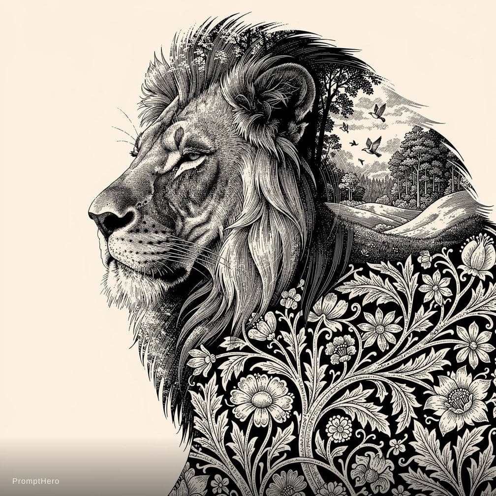 AI generated: Double exposure illustration of a majestic lion, Double exposure black and white illustration of a m...