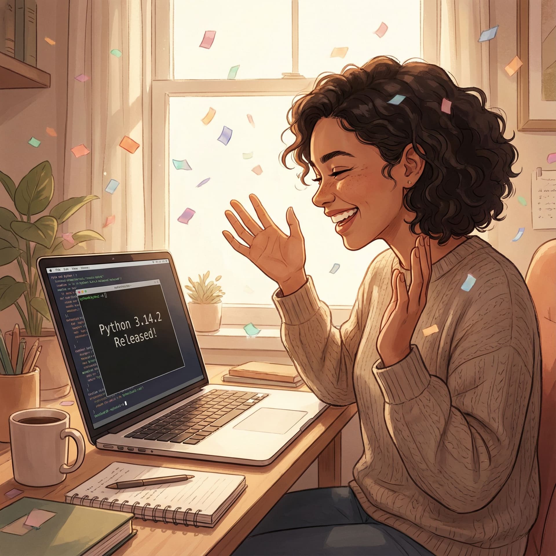 AI generated: A young woman programmer with dark hair sitting at her desk in front of a computer, smiling with gen...