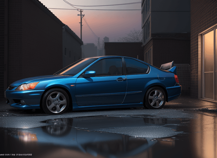 AI generated: blue 2 0 0 3 honda accord parked near a grey brick garage at sunrise, oil! puddle! under car, concep...