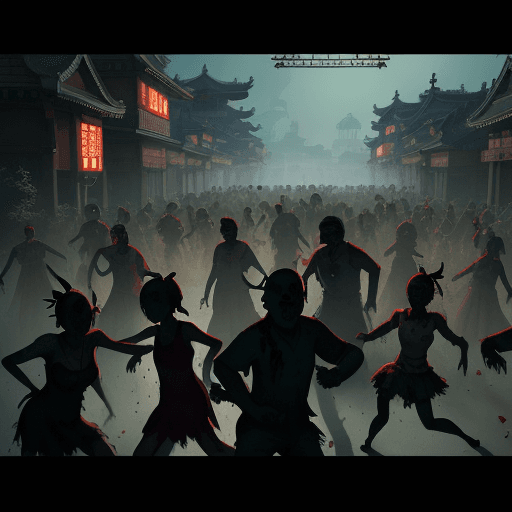 AI generated: A horde of zombies dance in party . masterpiece, best quality, (Anime:1.4), scenery, Chinese archite...