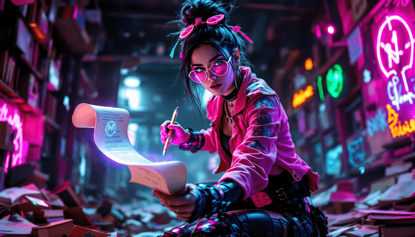 AI generated: An ultra-realistic, full-body action shot of a captivating neon-pink librarian, wielding knowledge w...