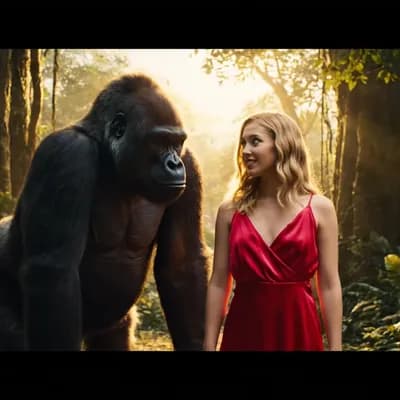 AI generated video: STATIC MEDIUM SHOT, CAMERA FRAMED BETWEEN TWO CHARACTERS,  
a massive gorilla stands upright in fro...