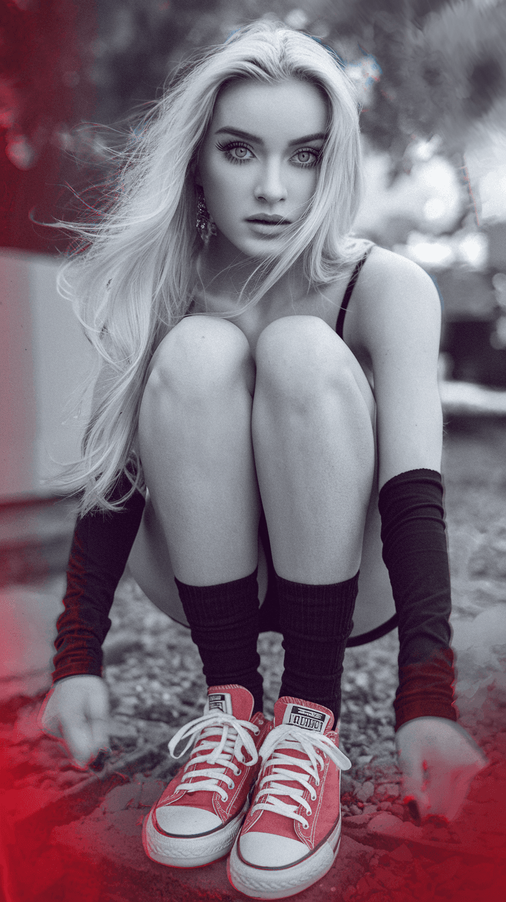 AI generated: high quality, 1lady, 25 years old, gold eyes, long white hair, fade, outdoors, red-top, black short-...