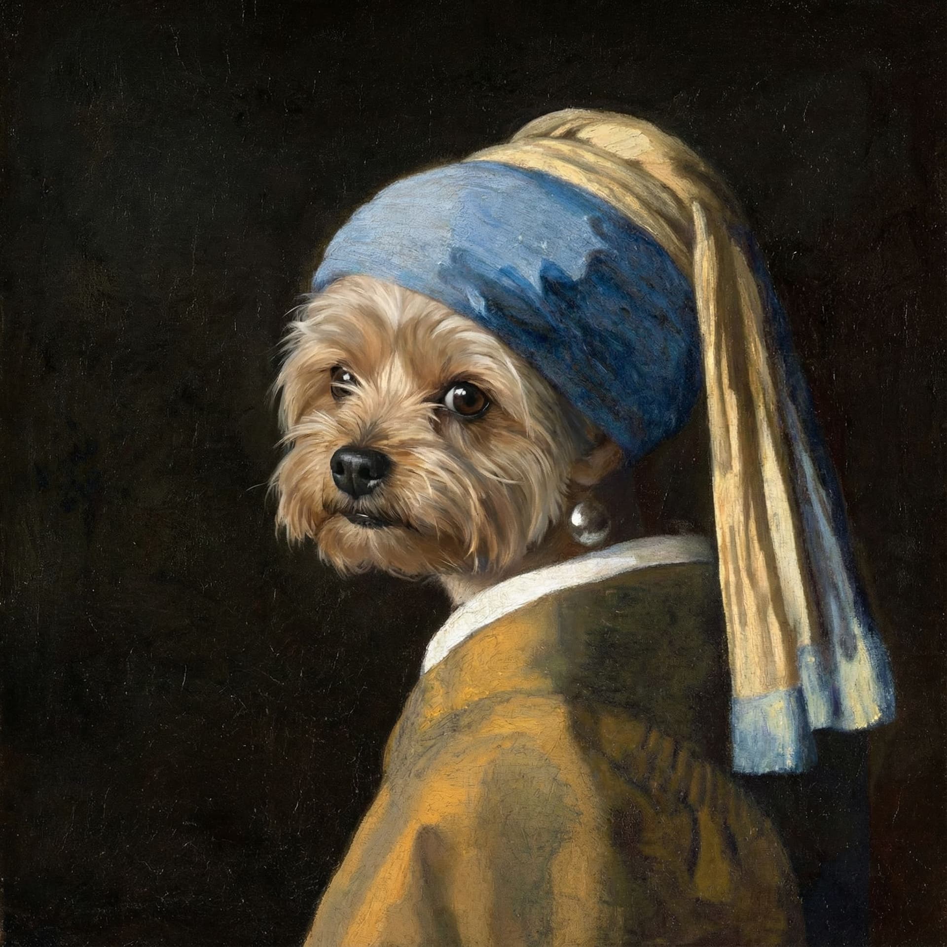AI generated: Image inspired by Johannes Vermeer's 'Girl with a Pearl Earring', reimagined with the dog face as th...