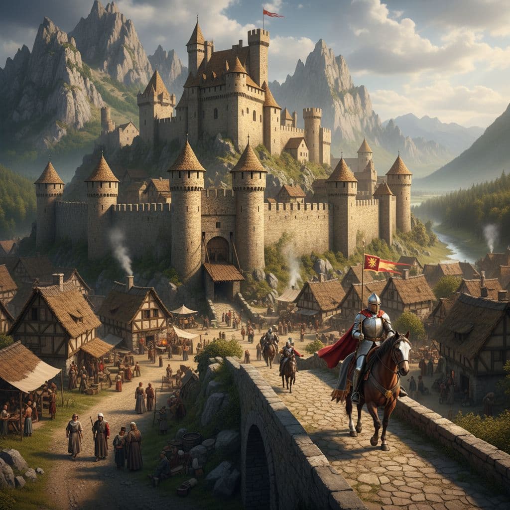 AI generated: medieval castle, knight, village
