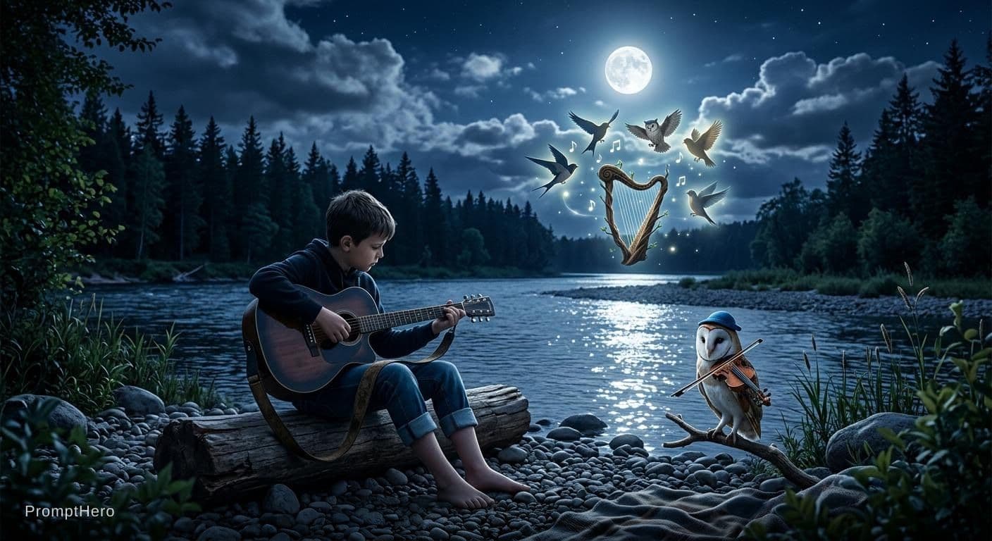 AI generated: a boy sitting at cool and clam nature on riverside with moonlight , some birds and clouds playing mu...