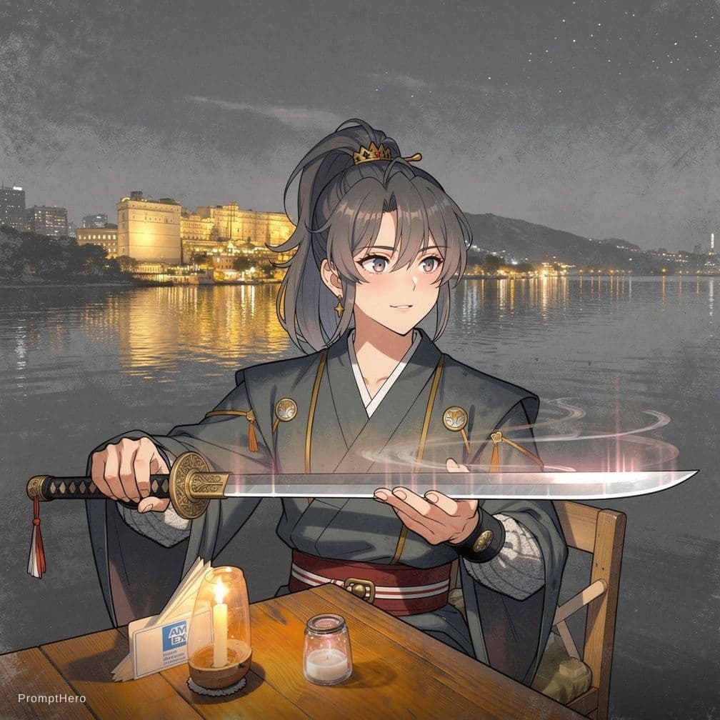 AI generated: Asian-styled illustration of a man holding a sword, in the style of anime-inspired character designs...