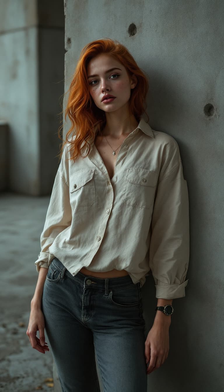 AI generated: abstract, Brutalist high Fashion high angle photo of a 24 year old Chamorro-Venezuelan female freckl...