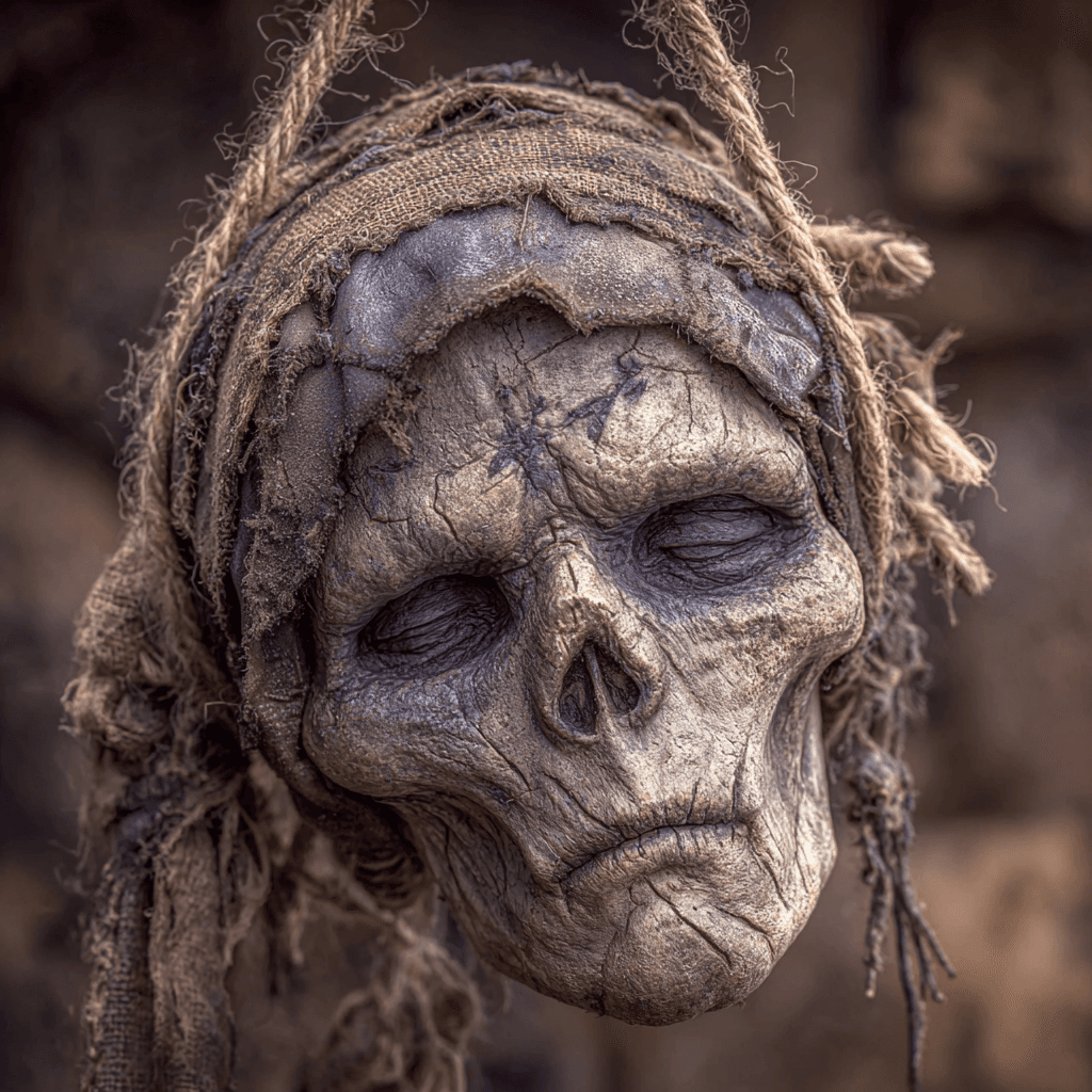 AI generated: A shrunken head, ancient and eerie, hanging at the end of a thin, frayed cord. The head looks weathe...