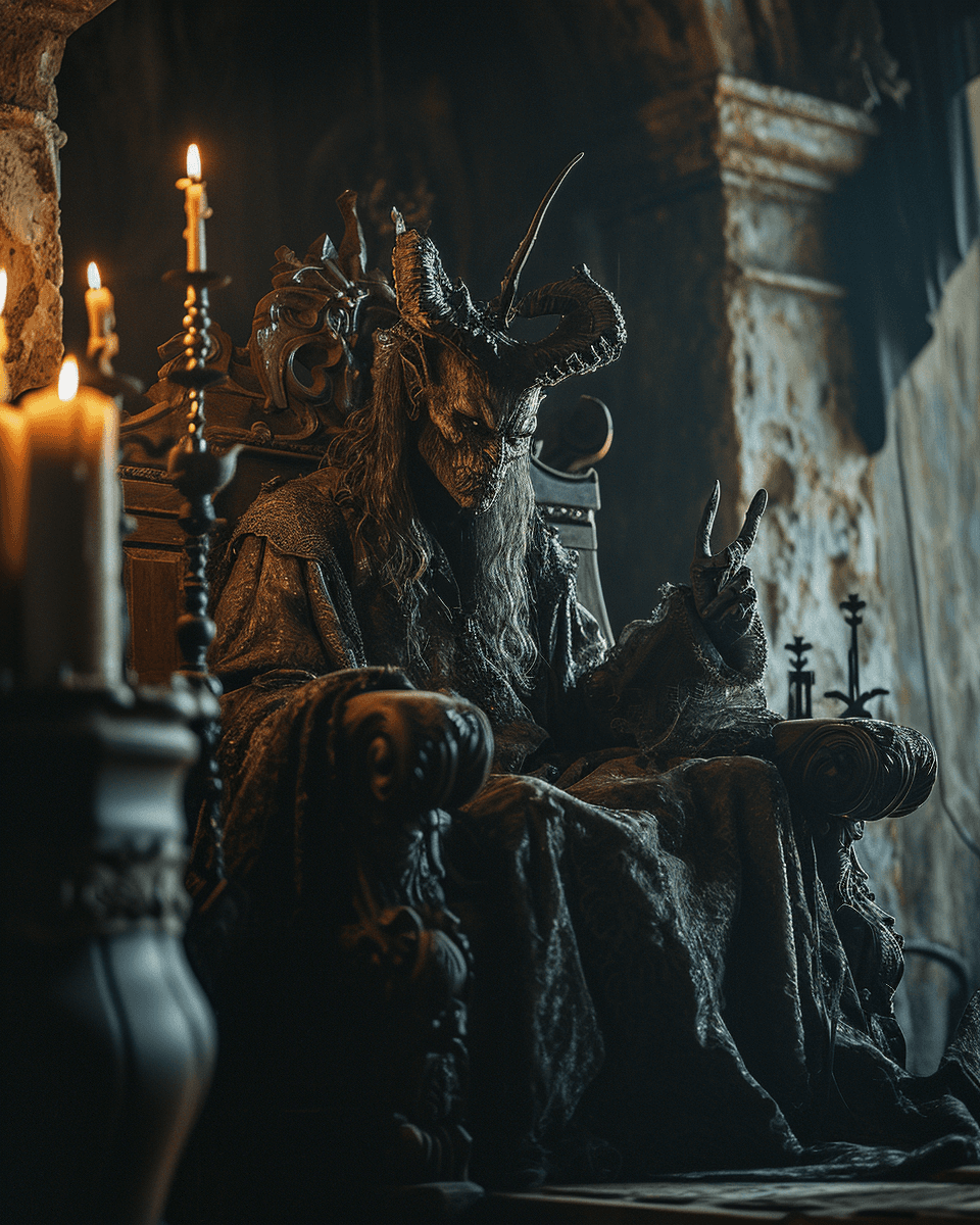 AI generated: Evil demon sitting in the dark wooden throne and showing peace sign with his fingers to the camera. ...