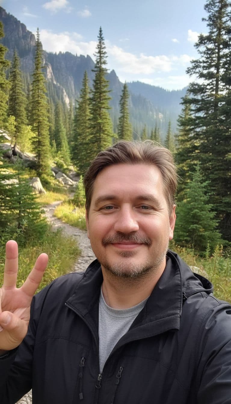 AI generated: use photo attaced , make amatour selfie in hiking, no hat