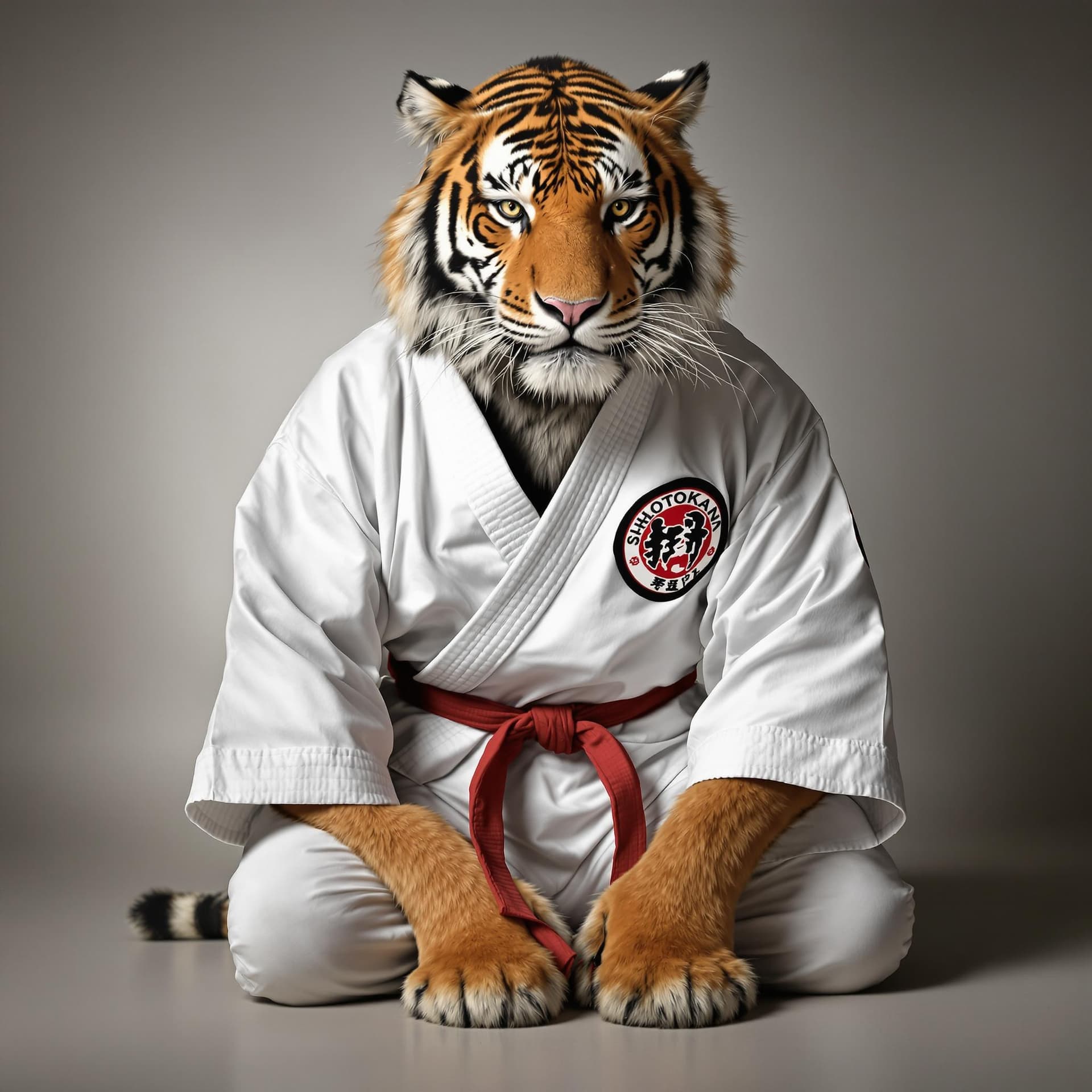AI generated: realistic humanized tiger using karate uniform. the uniform should have Shotokan emblem, and the tig...