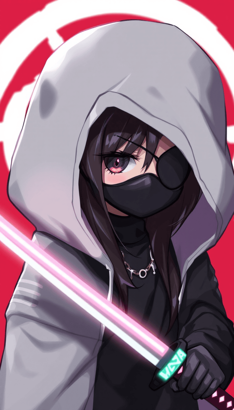 AI generated: A cute girl in Japanese anime style, wearing black mask and grey hooded cape holding samurai sword w...