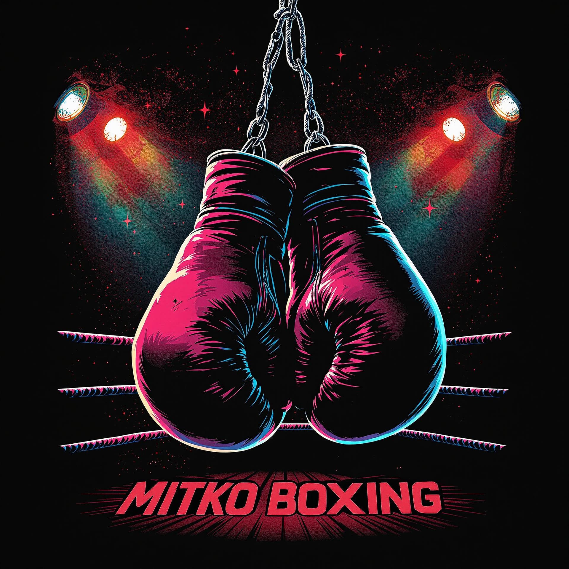 AI generated: "MITKO Boxing" tour t-shirt with a large dangling pair of 90s era boxing gloves in the style of grap...
