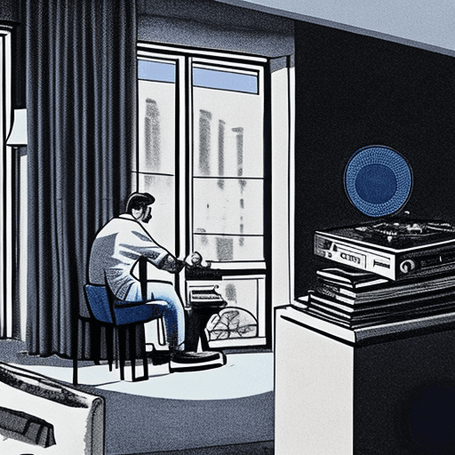 AI generated: An urban apartment, blue-tinged, where a record player is spinning while a man silhuetted in the bac...