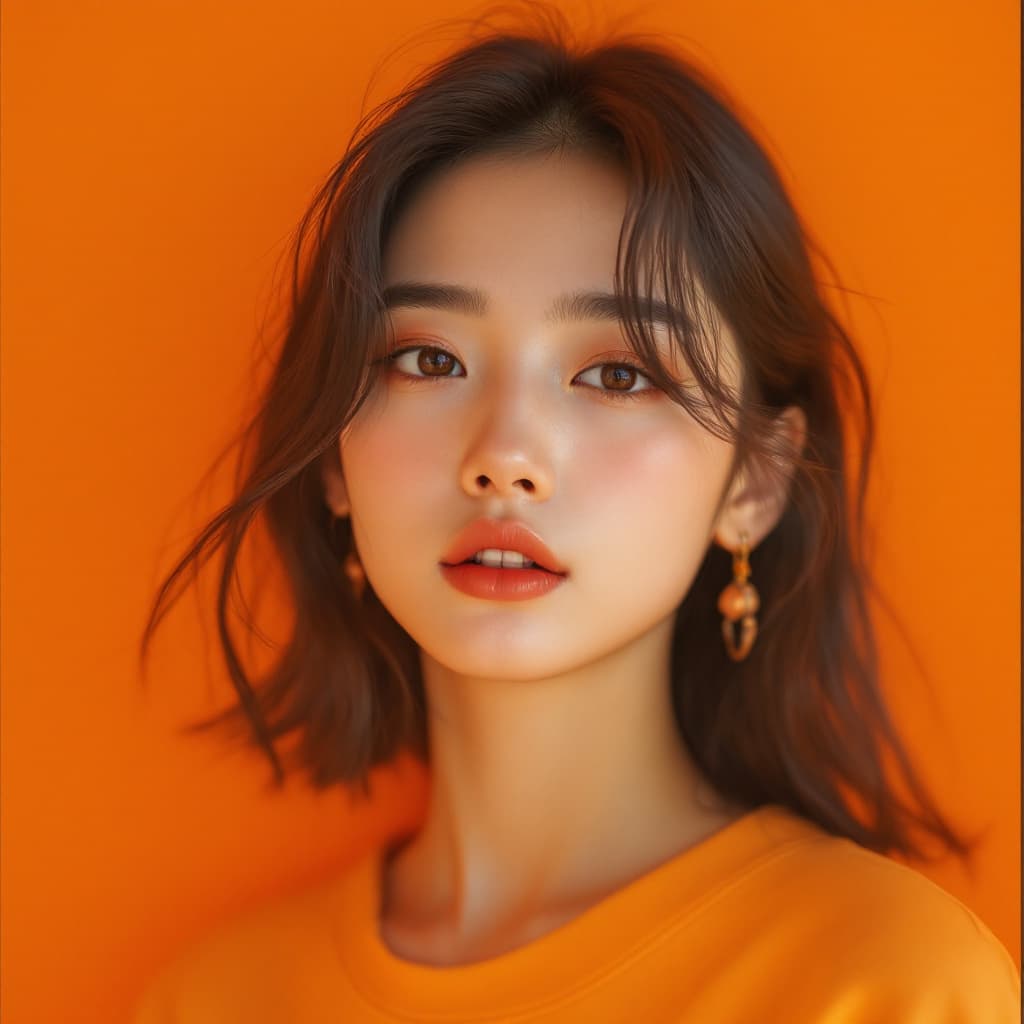 AI generated: photography, orange hue, korean woman model, solid orange backdrop, using a camera setup that mimics...