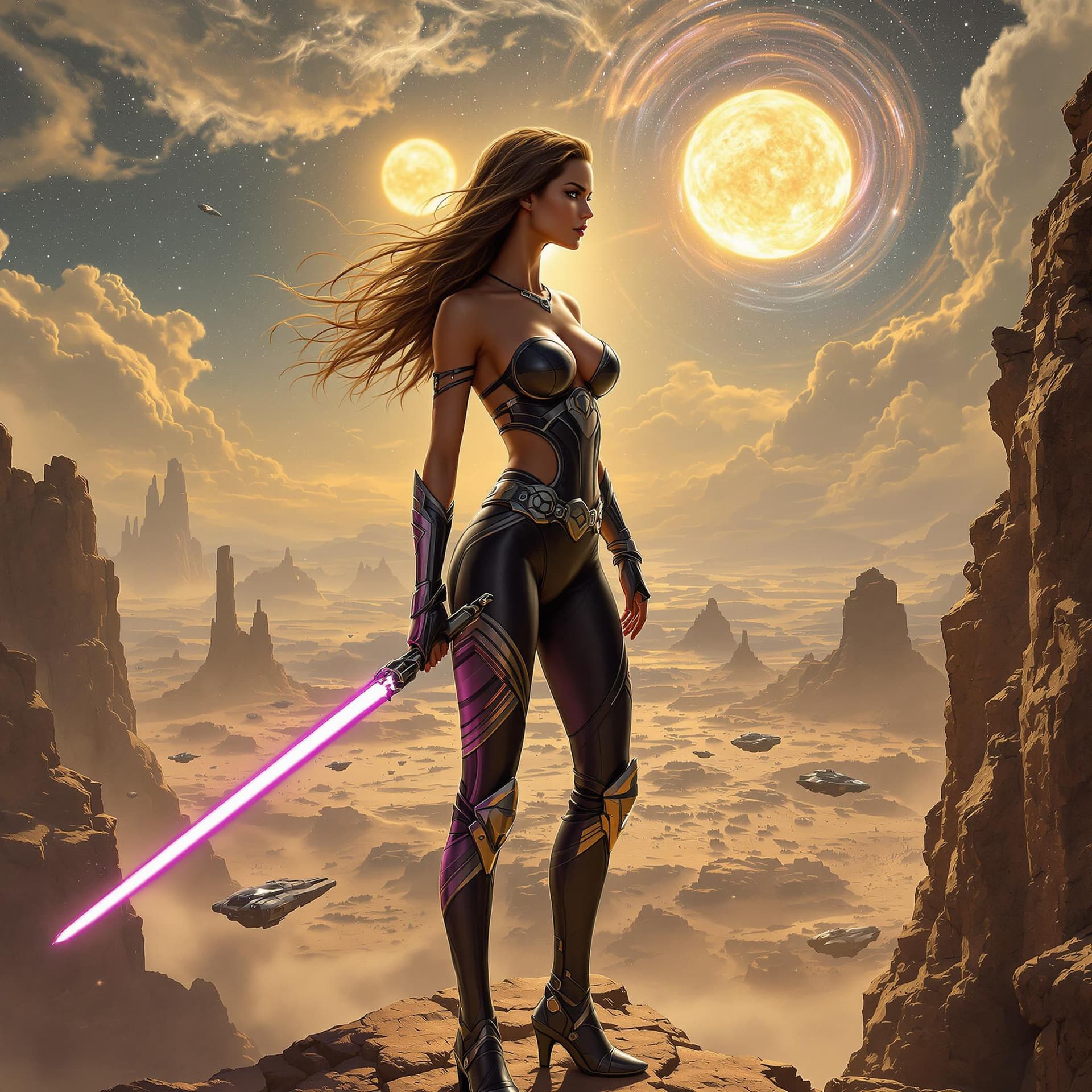 AI generated: A stunning female Jedi Knight stands tall on the edge of a crumbling cliff on a distant alien world,...