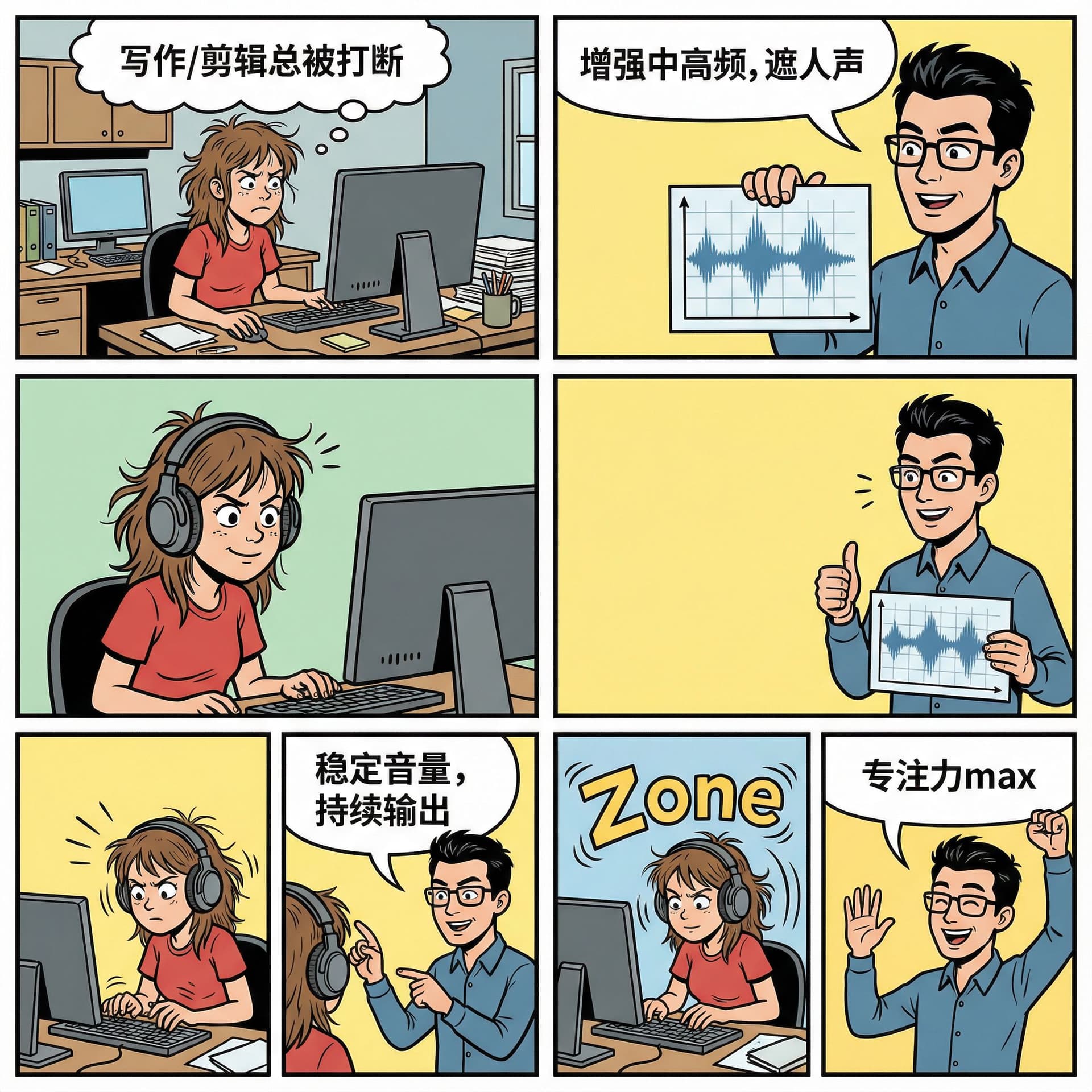AI generated: 一张八格动漫
| 1 | `A在办公桌前, comic style, speech bubble: "写作/剪辑总被打断"` |
| 2 | `B拿白噪音图, comic style, speech ...