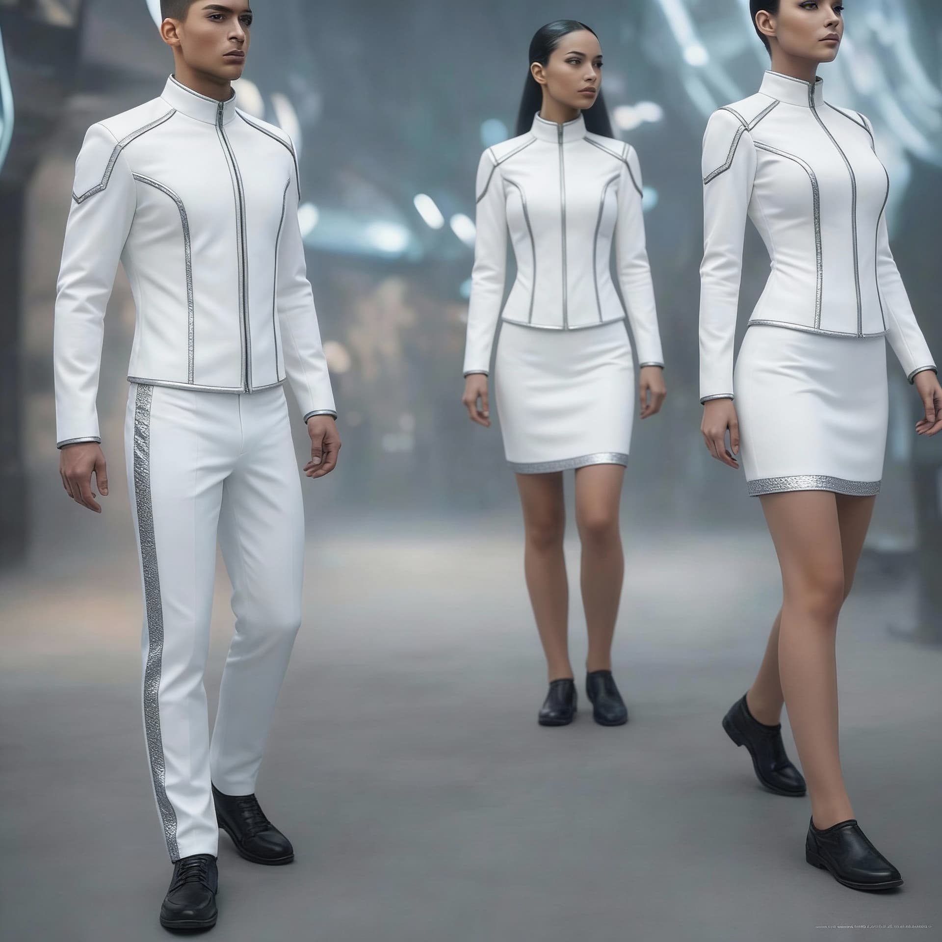 AI generated: Create a Sci-Fi uniform. Use the reference image and turn all white uniforms with silver trim. The c...