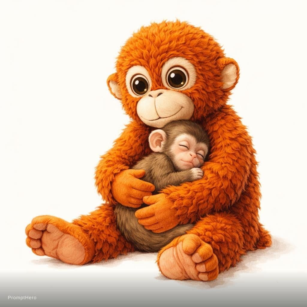 AI generated: storybook illustration style, tiny baby monkey peacefully sleeping while being held by a large orang...