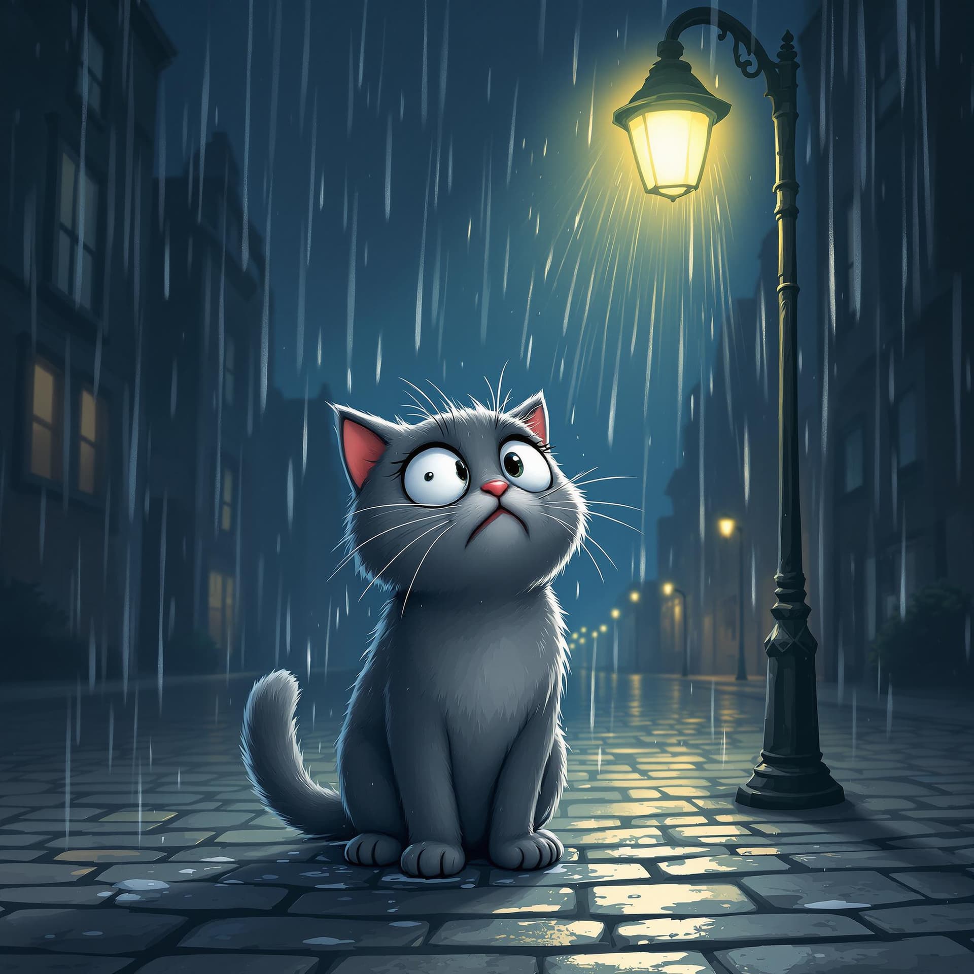AI generated: Cartoon-style illustration of a wet and shivering gray cat with big, pleading eyes, standing under a...