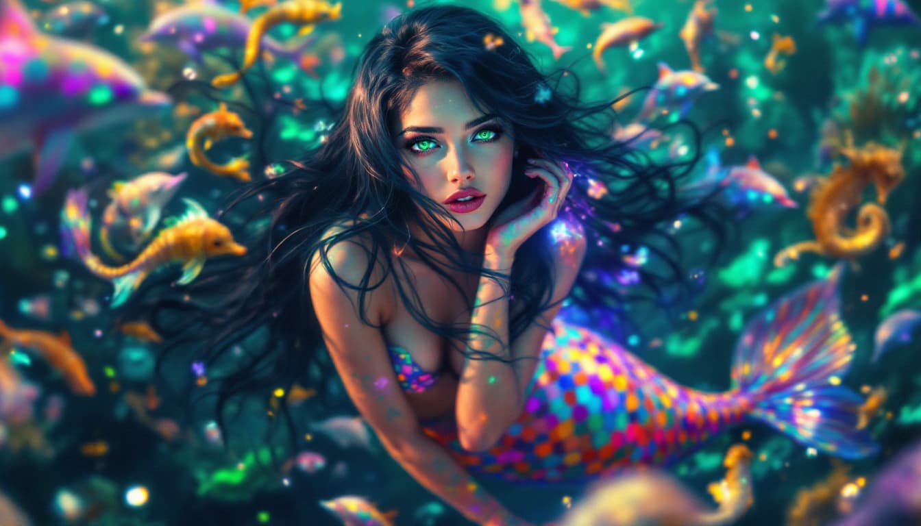 AI generated: Beautiful hyper-realistic image of a mermaid with psychedelic green eyes 8k, with long bright black ...