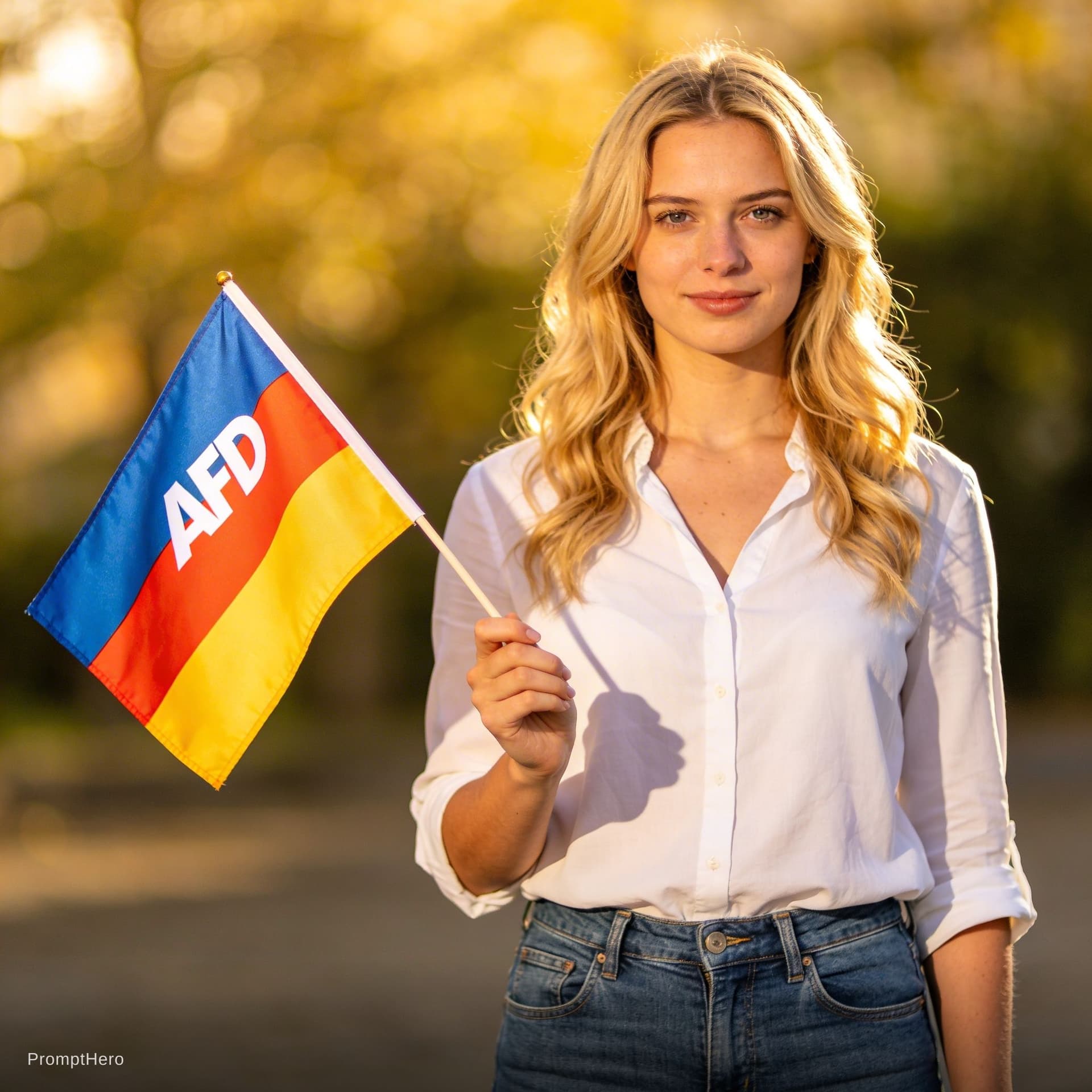 AI generated: Erstelle mir eine junge hübsche blonde frau mit einer afd Fahne

