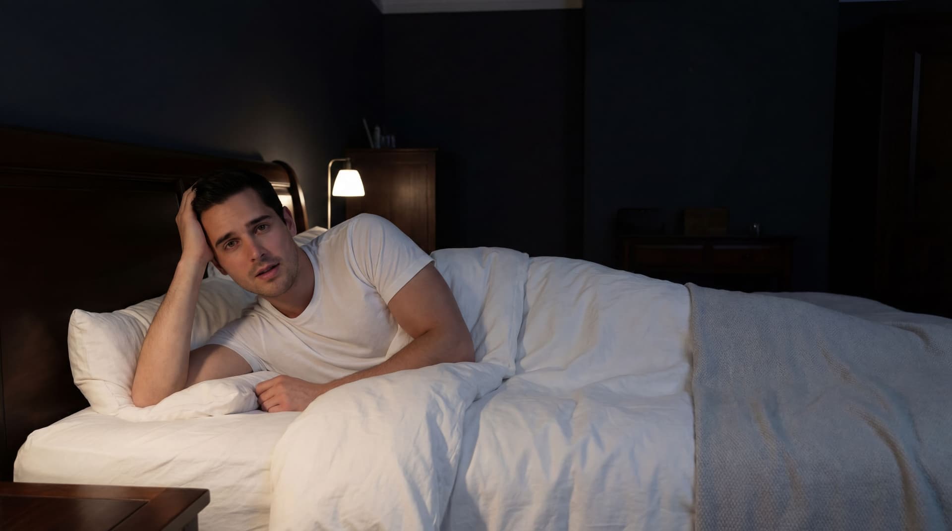 AI generated: At a very nice large bedroom at night. there are no windows. The lights are off. the Hispanic guy ha...