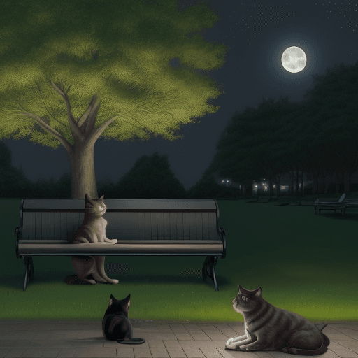 AI generated: In a quiet city park at night, draw a cat and dog sitting on a bench under the moonlight. The cat si...