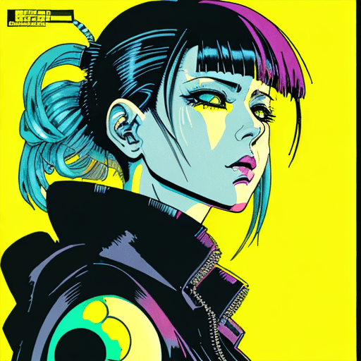 AI generated: early techno rave music inspired by ghost in the shell, 90s manga aesthetic, expressive face, yellow...