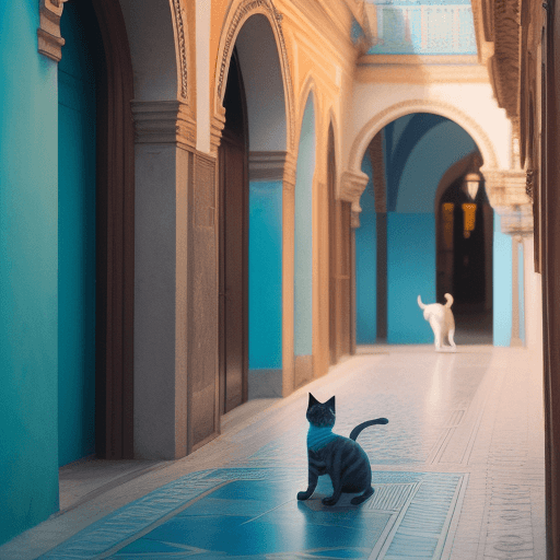 AI generated: Seville paved walkways with a cat peeking from the corner, candid, tourist in shot, ornate details, ...