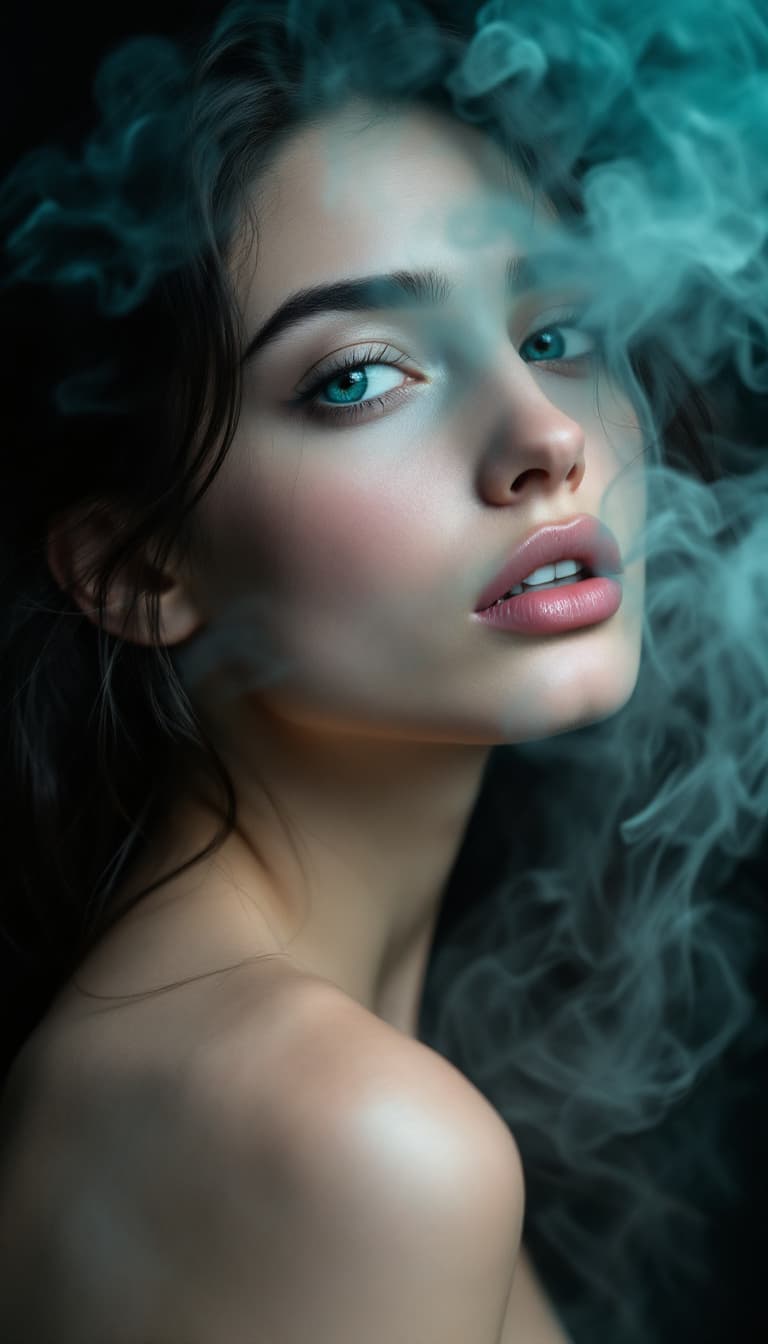 AI generated: Portrait en gros plan d'une jeune femme, yeux bleu clair perçants, peau claire, lèvres rosées entrou...