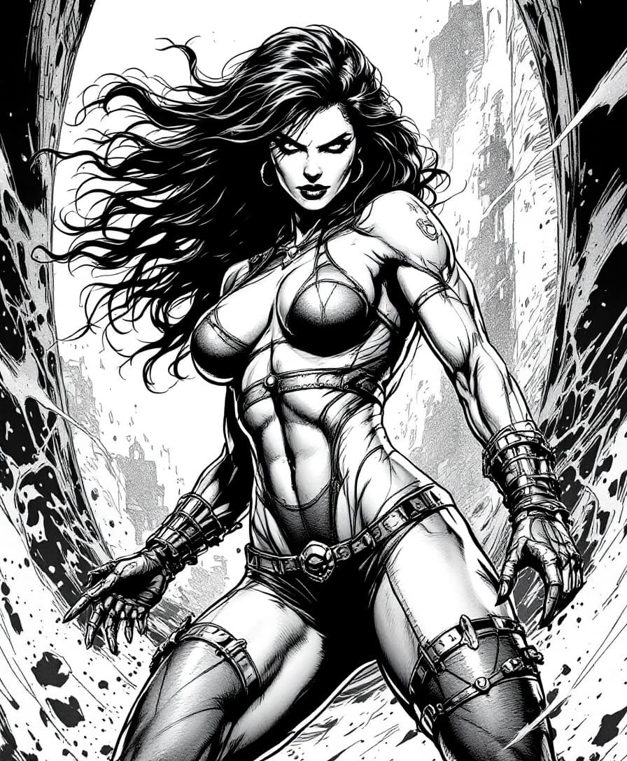 AI generated: female in 90s Top Cow comic style, dynamic pose, inked line art, comic book illustration, detailed s...