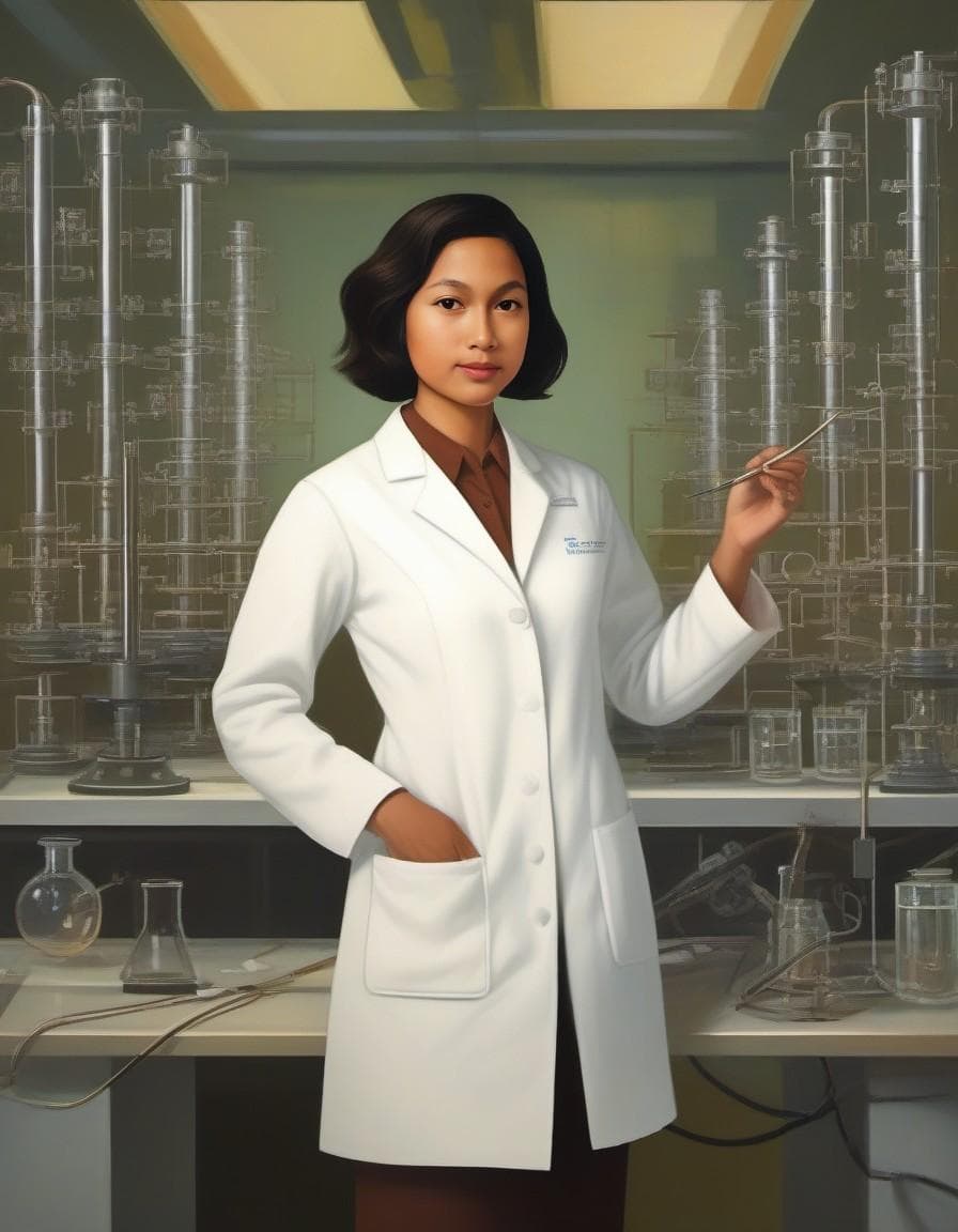 AI generated: a confident woman scientist with a sophisticated bob cut and bright hazel eyes, wearing a pristine w...