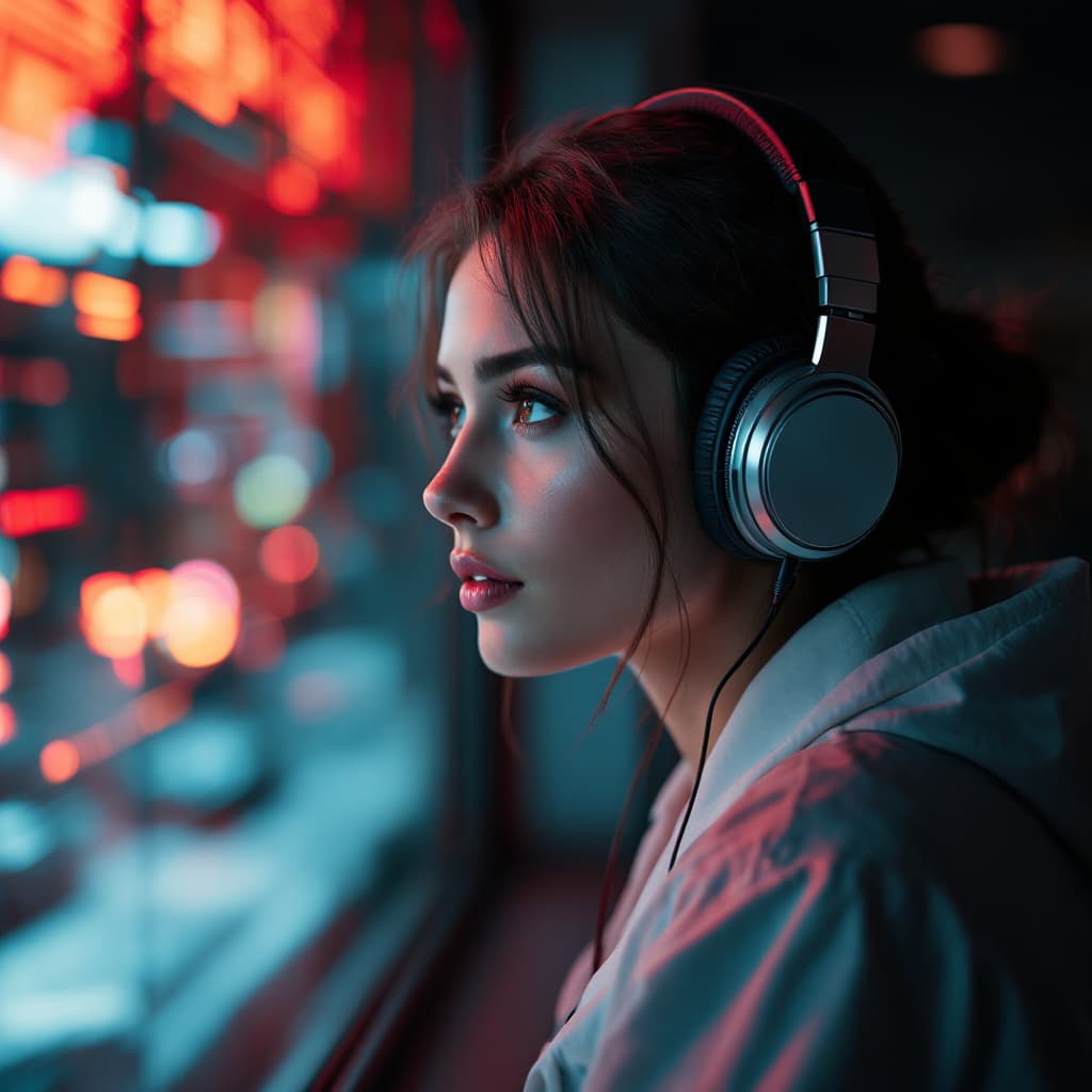 AI generated: a deep red tinted lab, a beautiful woman wearing  headphones stares out of a window, 8k, sharp focus