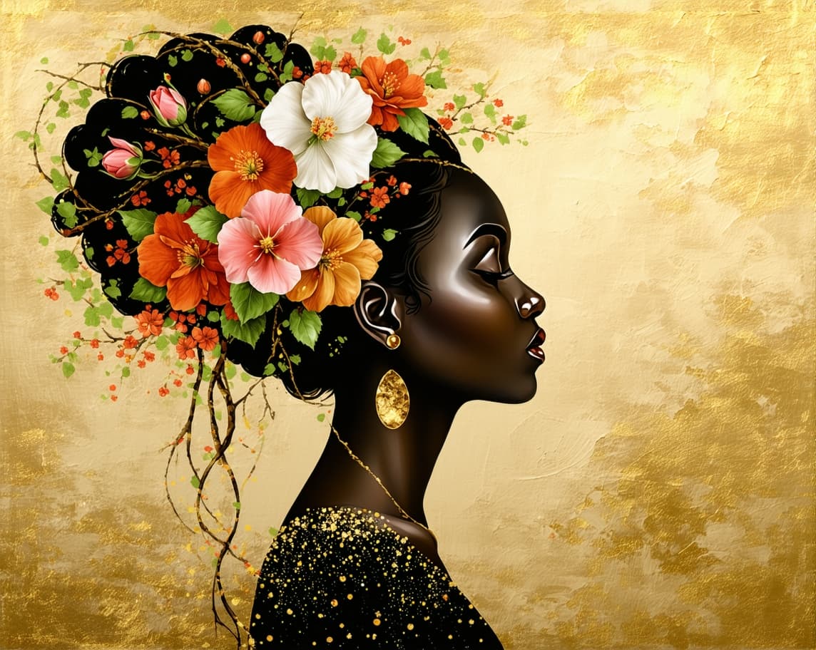AI generated: A profile portrait of a dark-skinned woman adorned with flowers and branches.

The picture depicts a...