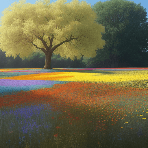 AI generated: a field of wildflowers, vivid colors, glow in sunlight, unique flowers, different sizes and colors, ...