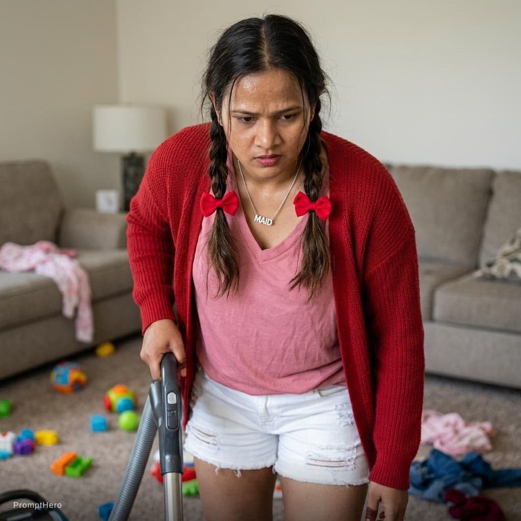 AI generated: The image shows an Asian maid tidying up a messy living room. The girl is slender, with beautiful sk...