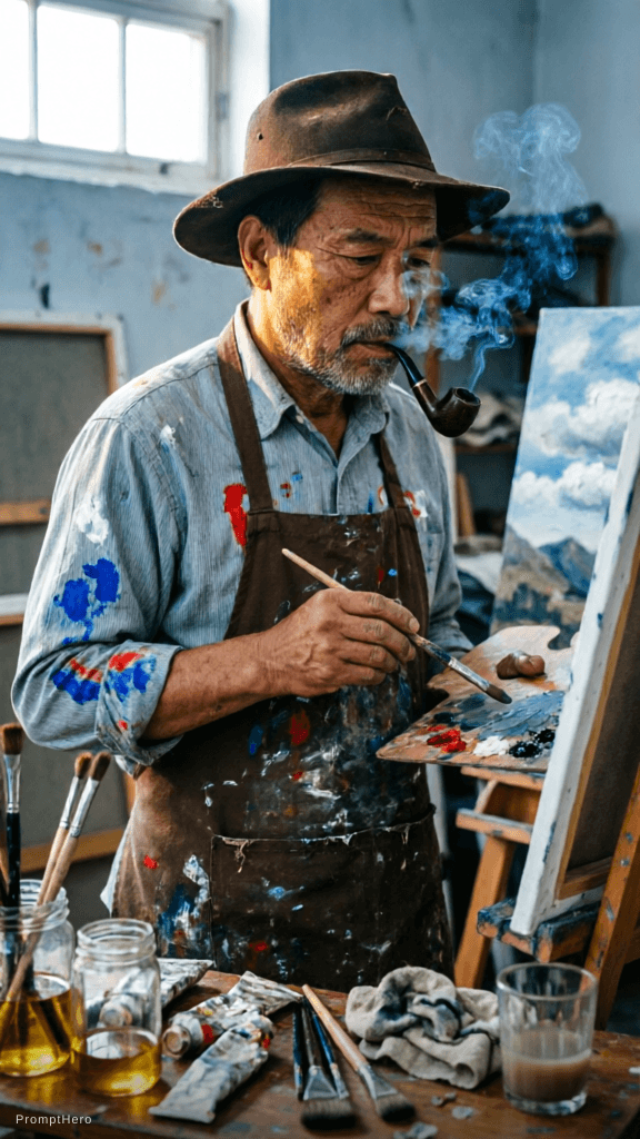 AI generated: ultra realistic cinematic documentary portrait of a rugged exhausted middle-aged male painter in a m...