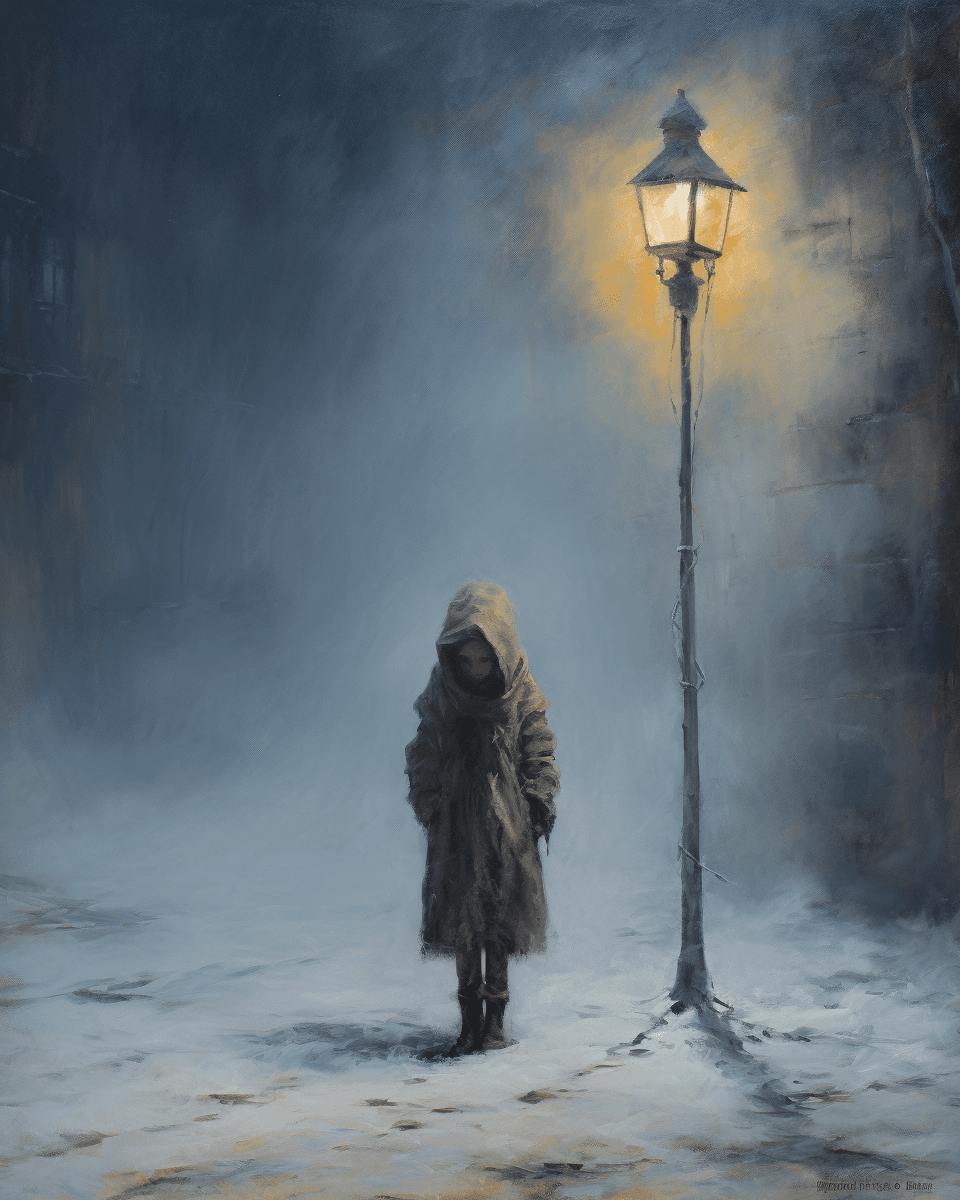 AI generated: A girl wrapped in rags stands under the street lamp, in the style of Goya and Beksinski, the little ...